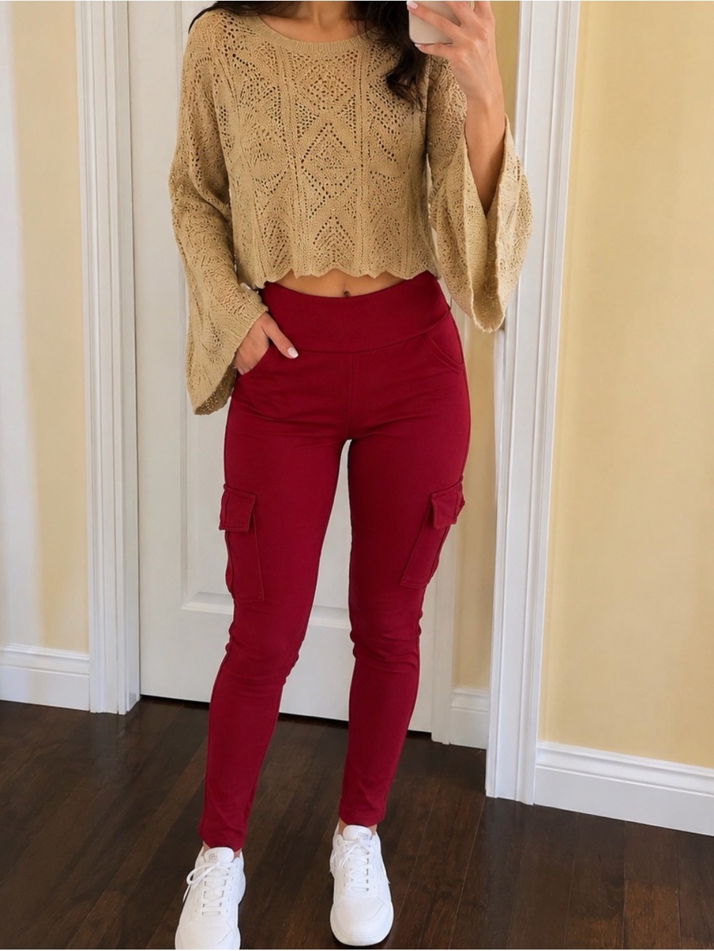 High-Rise Cargo Leggings in Burgundy - Women Pants & Jumpsuits